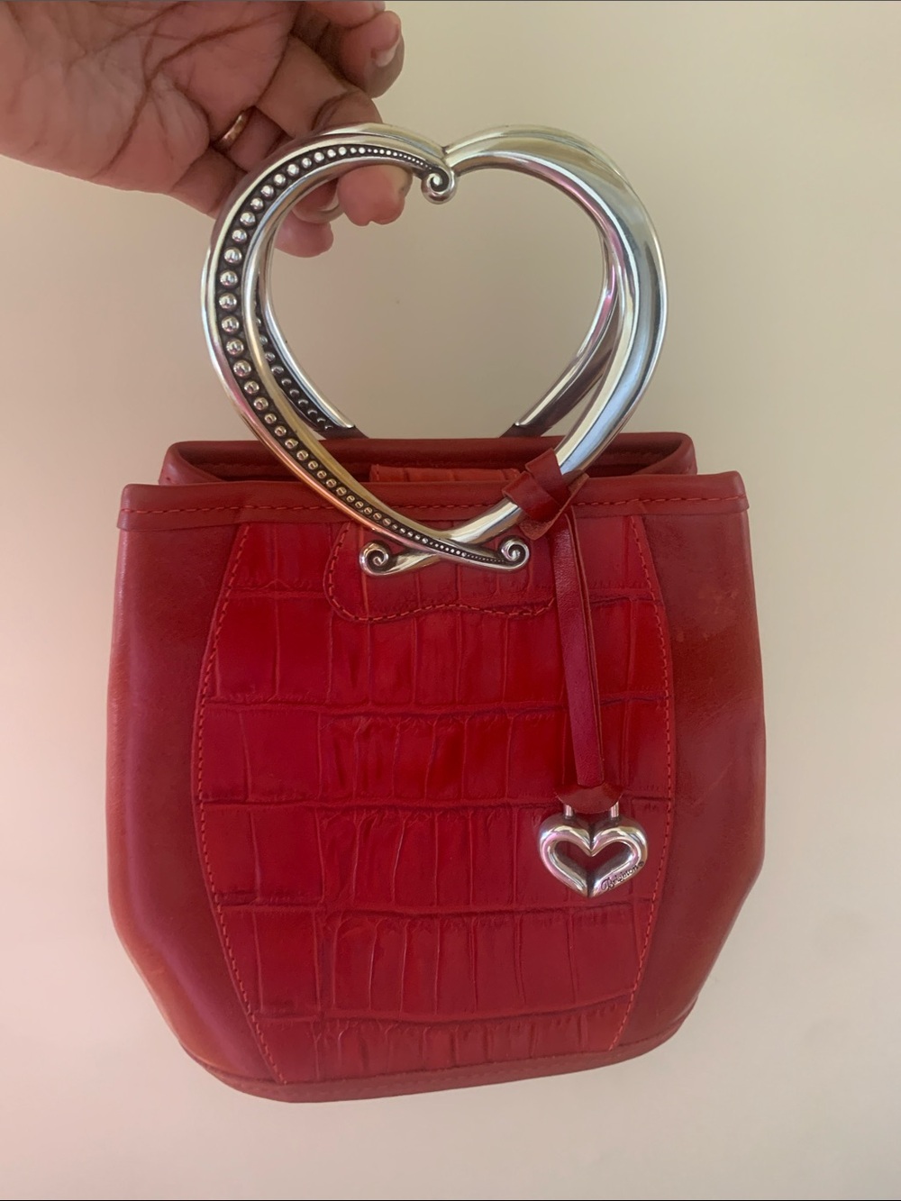 Vintage Red Croc-Embossed Heart Handle Tote